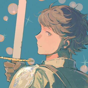 1boy brown_hair fantasy haikyuu!! highres holding holding_sword holding_weapon knight lingcod_dayu looking_to_the_side male_focus oikawa_tooru_(haikyuu!!) profile sparkle sword weapon