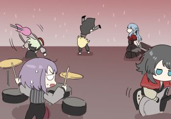5girls amoris_(bang_dream!) bang_dream! bang_dream!_it&#039;s_mygo!!!!! black_hair black_skirt blonde_hair blue_eyes blue_hair capelet cartwheel commentary dated_commentary doloris_(bang_dream!) green_hair hachibousei_dance_(bang_dream!) highres instrument kneehighs misumi_uika mortis_(bang_dream!) mortis_(costume)_(bang_dream!) multiple_girls music oblivionis_(bang_dream!) playing_instrument purple_hair red_capelet short_hair skirt socks sweatdrop timoris_(bang_dream!) togawa_sakiko wakaba_mutsumi yahata_umiri yuutenji_nyamu yzj21333