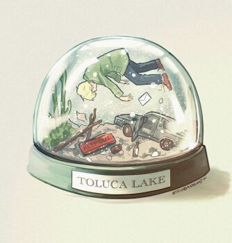 1boy black_pantyhose blonde_hair bottle brown_shoes car envelope floating full_body green_jacket jacket james_sunderland male_focus motor_vehicle oisiso pantyhose shoes short_hair silent_hill_(series) silent_hill_2 snow_globe solo stick twitter_username