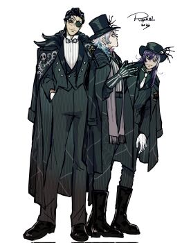 2025 3boys alternate_costume alternate_hairstyle banzoin_hakka bishounen black_gloves black_hair blue_hair boots commentary english_commentary eyelashes eyepatch formal_clothes full_body gavis_bettel gloves goth_fashion grey_hair hair_between_eyes hair_slicked_back halloween hat highres holostars holostars_english jacket josuiji_shinri long_hair long_sleeves looking_at_viewer male_focus medium_hair multicolored_hair multiple_boys necktie pink_hair pinstripe_pattern purple_hair rupin_02 scarf shirt signature skeleton_print smile standing streaked_hair suit top_hat virtual_youtuber white_background white_hair white_necktie