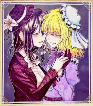 2girls absurdres alternate_costume alternate_eye_color alternate_headwear black_coat black_gloves black_hair black_hat black_sash blonde_hair blush bow bowtie buttons clothing_request coat collared_shirt dress flower flower_request frilled_dress frills gloves hat hat_flower hat_ornament highres himi-dq holding_hands long_sleeves maribel_hearn medium_hair mob_cap multiple_girls one_eye_closed open_mouth puffy_long_sleeves puffy_sleeves purple_bow purple_bowtie purple_dress red_eyes sash shikishi shirt touhou usami_renko veil white_bow white_bowtie white_hat white_shirt white_veil yellow_eyes yuri