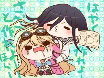 1boy 1girl afterimage antenna_hair arm_belt belt black_belt black_eyes black_footwear black_gloves black_scarf blonde_hair blue-tinted_eyewear blue_bow blue_bowtie boots bow bowtie breasts brown-framed_eyewear checkered_clothes checkered_scarf chibi colored_tips commentary_request crying crying_with_eyes_open danganronpa_(series) danganronpa_v3:_killing_harmony drooling eyelashes fingerless_gloves flying_sweatdrops furrowed_brow gloves goggles goggles_on_head green_background hair_between_eyes hands_on_own_head high_belt hitting holding_blueprints iruma_miu kneehighs kneeling large_breasts light_blush long_hair long_sleeves miniskirt motion_lines multicolored_hair multiple_belts o-ring o-ring_belt o3o oma_kokichi open_mouth pale_skin patterned_background pink_serafuku pink_shirt pink_skirt pleated_skirt purple_hair round_eyewear sailor_collar scarf school_uniform serafuku shirt shoe_belt short_hair simple_background skirt skirt_set socks solid_oval_eyes striped_clothes striped_socks teardrop tears thigh_belt thigh_strap tinted_eyewear translation_request turn_pale two-tone_scarf unmoving_pattern v-shaped_eyebrows vertical-striped_clothes vertical-striped_socks very_long_hair white_sailor_collar white_scarf white_socks yumaru_(marumarumaru)