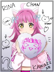 Rule 34 | &gt; &lt;, 1girl, :o, ahoge, animal ears, black border, blunt bangs, border, character name, commentary request, doodle background, english text, fake animal ears, hair ribbon, hands up, heart, highres, holding, holding heart, jacket, looking at viewer, love live!, love live! nijigasaki high school idol club, medium hair, notice lines, parted lips, pink hair, pink jacket, ribbon, ric. (marchen mozuku), romaji text, shirt, signature, solo, tennoji rina, twitter username, upper body, white shirt, yellow eyes