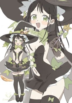 Rule 34 | 1girl, absurdres, airi (blue archive), alternate costume, black dress, black gloves, black hair, black thighhighs, blue archive, blush, bow, breasts, commentary, dress, english commentary, gloves, green bow, green eyes, green halo, halloween costume, halo, hat, highres, holding, holding wand, jack-o&#039;-lantern, large hat, long hair, looking at viewer, multiple views, navel, nemo (leafnight), open mouth, revealing clothes, short dress, simple background, small breasts, smile, star wand, straight hair, strapless, strapless dress, thighhighs, twitter username, wand, white background, witch, witch hat, zettai ryouiki