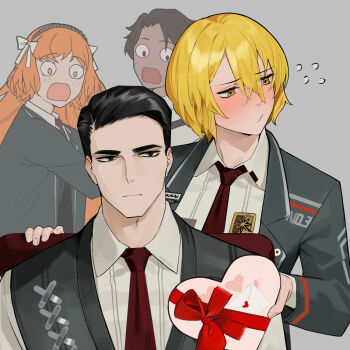 2boys 2girls black_coat black_hair black_vest blonde_hair blush box coat collared_shirt don_quixote_(project_moon) embarrassed expressionless flying_sweatdrops gasp gift hair_slicked_back heart-shaped_box heathcliff_(project_moon) highres ishmael_(project_moon) jaw_drop limbus_company meursault_(project_moon) multiple_boys multiple_girls necktie nervous orange_hair project_moon red_necktie sasoura shirt shy surprised valentine vest white_shirt wide-eyed yellow_eyes