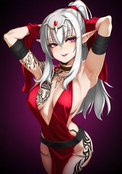 absurdres adjusting_hair arm_tattoo arms_up breasts chest_tattoo commission corruption dark_persona earrings eyes_of_grima fire_emblem fire_emblem_awakening grey_hair grima_(fire_emblem) highres intelligent_systems jewelry large_breasts leg_tattoo nintendo pointy_ears possessed possession purple_eyes skeb_commission tattoo tiki_(adult)_(fire_emblem) tiki_(fire_emblem) wide_hips xxdrosselxx