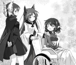 Rule 34 | 3girls, animal ears, arms behind back, blush, cape, closed eyes, closed mouth, commentary request, dress, drill hair, drill sidelocks, fins, frilled kimono, frills, grass root youkai network, greyscale, head fins, highres, imaizumi kagerou, japanese clothes, kimono, long hair, long sleeves, monochrome, multiple girls, obi, open mouth, ribbon-trimmed bow, sash, sekibanki, sidelocks, skirt, smile, touhou, tsuukinkaisoku oomiya, very long hair, wakasagihime, wheelchair, wide sleeves, wolf ears