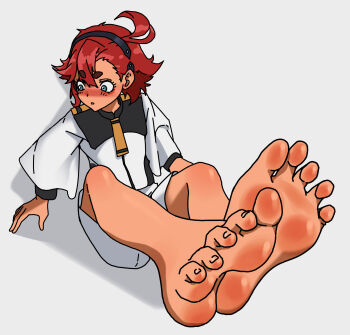 1girl barefoot blue_eyes blush feet gundam gundam_suisei_no_majo highres long_hair looking_to_the_side parted_lips paxa349 red_hair soles suletta_mercury toes