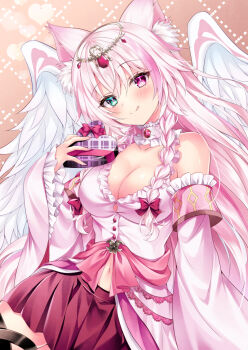 Rule 34 | 1girl, :q, animal ear fluff, animal ears, bare shoulders, blue eyes, blush, bow, box, braid, closed mouth, commission, detached sleeves, feathered wings, gift, hair between eyes, hair bow, hand up, heart-shaped box, heterochromia, holding, holding gift, long hair, long sleeves, navel, nogi takayoshi, original, pink hair, pink sleeves, pleated skirt, purple eyes, red bow, red skirt, skeb commission, skirt, smile, solo, tongue, tongue out, twin braids, very long hair, white wings, wide sleeves, wings