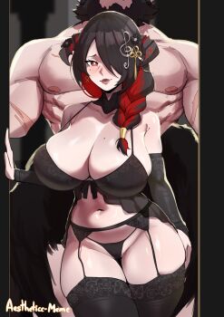 1boy 1girl absurdres aestheticc-meme artist_name beard black_hair black_panties black_thighhighs braid breasts commentary curvy detached_sleeves facial_hair garter_belt height_difference highres hololive hololive_english huge_breasts mamarissa mole mole_on_breast multicolored_hair muscular muscular_male navel panties paparissa red_hair thighhighs topless_male two-tone_hair underwear virtual_youtuber