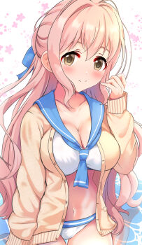 1girl bikini blue_neckerchief blue_ribbon blue_sailor_collar blush breasts brown_eyes cardigan cleavage closed_mouth collarbone dot_nose floral_background flower glyn070605a hand_up highres idolmaster idolmaster_cinderella_girls idolmaster_cinderella_girls_starlight_stage large_breasts long_hair long_sleeves looking_at_viewer navel neckerchief open_cardigan open_clothes pink_flower pink_hair ribbon sailor_collar sailor_swimsuit_(idolmaster) saionji_kotoka sitting smile solo swimsuit thick_eyebrows two-tone_background wariza water white_bikini yellow_cardigan