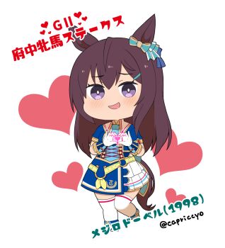 1girl :d animal_ears blue_bow blue_jacket blue_necktie blush boots bow brown_hair capriccyo chibi collared_shirt commentary_request ear_bow fold-over_boots full_body glorious_azure_costume_(umamusume) gloves hair_between_eyes hair_ornament hairclip heart heart_hands highres horse_ears horse_girl horse_tail jacket long_hair looking_at_viewer mejiro_dober_(umamusume) necktie open_mouth pleated_skirt purple_eyes shirt short_sleeves simple_background skirt smile solo standing standing_on_one_leg tail thighhighs thighhighs_under_boots translation_request twitter_username umamusume very_long_hair white_background white_boots white_gloves white_shirt white_skirt white_thighhighs