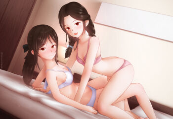 Rule 34 | 2girls, absurdres, artist name, bare shoulders, bow, bra, braid, breasts, brown eyes, brown hair, commentary, girl on top, hair bow, highres, indoors, leg between thighs, looking at viewer, low twin braids, medium breasts, medium hair, multiple girls, on bed, original, panties, pink bra, pink panties, ponytail, red eyes, stomach, tanatonkub, twin braids, underwear, v, white bra, white panties, yuri