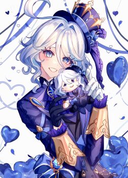 1girl absurdres abyss_of_alyss ahoge ascot asymmetrical_gloves balloon blue_ascot blue_eyes blue_gemstone blue_hair blue_hat blue_jacket character_doll commentary_request doll drop-shaped_pupils eyelash_ornament furina_(genshin_impact) gem genshin_impact gloves grin hair_between_eyes hair_intakes hat heart_balloon heterochromia highres holding holding_doll hydro_symbol_(genshin_impact) jacket looking_at_viewer mismatched_gloves simple_background smile solo symbol-shaped_pupils top_hat upper_body vision_(genshin_impact) white_background