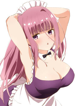 1girl absurdres apron armpits arms_behind_head arms_up bare_shoulders blush bow bowtie breasts cleavage commission detached_collar dress highres komatsu_(sakanae) large_breasts long_hair lulu_chatnoir maid_headdress pixiv_commission purple_eyes purple_hair simple_background solo syd_craft_no_saishuu_suiri white_background