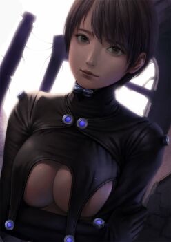 1girl arms_under_breasts black_bodysuit bodysuit breasts brown_eyes brown_hair cleavage crop_top crossed_arms expressionless gantz gantz_suit genderswap genderswap_(mtf) highres jchoy kurono_kei large_breasts looking_at_viewer short_hair solo underboob upper_body