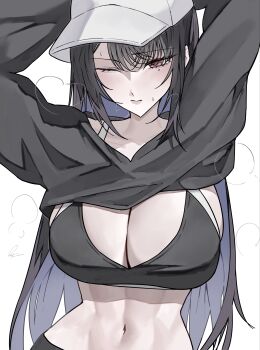 1girl abs absurdres arms_up baseball_cap black_hair black_pants black_sports_bra blue_hair breasts breath commentary crop_top cropped_sweater ewn hat highres holoadvent hololive hololive_english large_breasts long_hair long_sleeves mole mole_under_eye multicolored_hair nerissa_ravencroft one_eye_closed pants solo split-color_hair sports_bra sweatdrop sweater two-tone_hair v-neck virtual_youtuber white_background white_hat