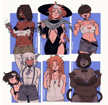 6+girls :/ :d aalis_(kennydalman) absurdres ahoge animal_ears annotated arm_behind_back arm_tattoo arm_up ascot bare_shoulders behind_another belly belt black_ascot black_belt black_bra black_choker black_dress black_hair black_hat black_tail blue_background blue_eyes bluesky_username blunt_bangs bob_cut borrowed_character bra bracelet braid breasts brown_hair camisole cat_ears cat_girl cat_tail center_opening choker cigarette collarbone colored_skin commentary covered_eyes covered_navel cowboy_shot crop_top cross cross_necklace cyborg denim denim_skirt double-parted_bangs double_v dreadlocks dresden_codak dress earrings elbow_gloves elf english_commentary eyebrow_piercing face_piercing facial_mark fangs fat fat_woman final_fantasy final_fantasy_xiv flower flower_over_eye furrowed_brow gem gloves grey_shorts grey_skin gutalalaman hair_over_eyes hair_over_one_eye hand_on_another's_leg hand_on_own_head hand_up hands_up hat heart heart_print highres holding holding_cigarette hoop_earrings jewelry kimiko_"kim"_ross large_breasts long_hair looking_at_viewer mechanical_hands medium_breasts midriff mimi_(joecanvas) miniskirt miqo'te mole mole_under_each_eye mole_under_eye multicolored_hair multiple_girls multiple_moles navel navel_piercing necklace necktie open_mouth orange_hair original pants parted_bangs piercing pink_eyes pointy_ears purple_necktie raised_inner_eyebrows rectangular_eyewear roswitha_(warshapertoma) sally_anne-rose_(bubbydarkstar) scar scar_on_arm semi-rimless_eyewear shirt shirt_tucked_in short_hair short_necktie short_shorts shorts side_slit single_mechanical_hand skirt small_breasts smile smoke strap_slip strapless suspenders tail tank_top tattoo teeth torn_clothes tube_top twitter_username two-tone_hair underwear v warrior_of_light_(ff14) whisker_markings white_camisole white_hair white_shirt white_tank_top white_tube_top wide_brim witch xiaoling_"ling"_chavez yellow_eyes yuria_molkot