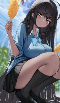 1girl 3: absurdres ahoge backlighting black_hair black_shoes black_skirt black_socks blue_archive blue_bow blue_bowtie blue_cardigan blue_sky blush bow bowtie breasts cardigan closed_mouth collared_shirt commentary corn_dog curvy dark-skinned_female dark_skin day dual_wielding food from_below full_body furrowed_brow hair_between_eyes hair_down hair_over_shoulder halo hands_up highres holding holding_food karin_(blue_archive) karin_(school_uniform)_(blue_archive) kneehighs large_breasts lips loafers long_hair looking_at_viewer miniskirt official_alternate_costume official_alternate_hairstyle outdoors pleated_skirt purple_halo shirt shoes skirt sky socks solo squatting straight_hair sunlight thighs tsurime ubeuna very_long_hair white_shirt yellow_eyes