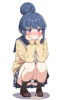 1girl absurdres anus black_pantyhose black_sailor_collar blue_hair blue_skirt blush brown_shoes clothes_pull commentary_request embarrassed full_body hair_bun highres loafers looking_at_viewer motosu_school_uniform neckerchief panties panty_pull pantyhose pantyhose_pull peeing plaid_clothes plaid_skirt purple_eyes sailor_collar school_uniform setteiset shima_rin shoes short_hair sidelocks simple_background skirt solo squatting sweater underwear white_background white_neckerchief white_panties yellow_sweater yurucamp