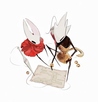 2girls armor arthropod_girl black_eyes black_skin blank_eyes chinese_commentary cloak colored_skin commentary_request film_grain from_above full_body halftone highres hightguy hollow_knight hollow_knight:_silksong hornet_(hollow_knight) horns map multiple_girls needle_(hollow_knight) red_cloak shakra_(hollow_knight) simple_background sitting weapon white_background