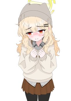 1girl aoba_(blue_archive) aoba_(mom&#039;s_touch)_(blue_archive) black_pantyhose blonde_hair blue_archive blush brown_skirt brown_sweater choppies closed_mouth collared_shirt cowboy_shot grey_hat grey_shirt halo hands_up hat highres long_hair long_sleeves pantyhose pleated_skirt red_eyes shirt simple_background skirt solo sweater white_background yellow_halo