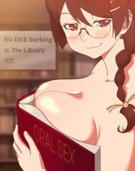 1girl :3 animated black_hair boobs_in_book_(meme) book bouncing_breasts braid breasts cleavage collarbone completely_nude covered_erect_nipples glasses hanekawa_tsubasa highres kenmaruart7 kizumonogatari large_breasts library long_hair looking_at_viewer meme monogatari_(series) naughty_face nude round_eyewear seductive_smile sign smile smug solo tagme teasing tongue tongue_out video