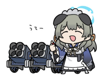 1girl animal_ears apron artillery black_skirt blue_archive blue_kimono chibi closed_eyes controller frilled_apron frills grey_hair grey_pantyhose halo holding japanese_clothes kimono long_hair long_sleeves low_twintails lowres maid maid_headdress no_shoes nyaru_(nyaru_4126) pantyhose remote_control simple_background skirt sleeves_past_fingers sleeves_past_wrists solo standing translated twintails umika_(blue_archive) wa_maid waist_apron white_apron white_background wide_sleeves