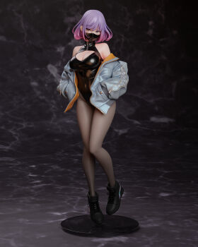 1girl 3d absurdres black_leotard breasts chenlin_tsai cleavage clothing_cutout figure gradient_hair highres jacket large_breasts leotard luna_(yd) mask mouth_mask multicolored_hair off_shoulder original pantyhose pink_hair purple_hair shoes sneakers solo standing yd_(orange_maru) yd_luna zbrush_(medium) zipper