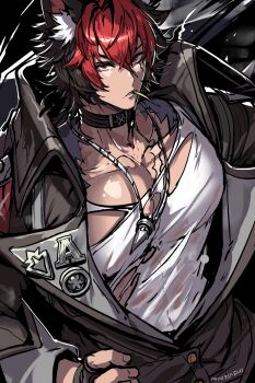 1boy animal_ears bara black_gloves black_jacket collar commentary dog_boy dog_ears english_commentary fingerless_gloves gloves highres jacket jewelry komano_manato leaf_in_mouth looking_at_viewer male_focus multicolored_hair muscular muscular_male necklace pectorals red_eyes sa-dui scar scar_across_eye scar_on_chest scar_on_face shirt torn_clothes white_shirt zenless_zone_zero