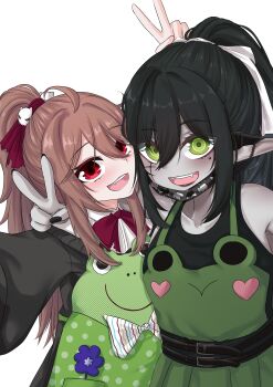 absurdres ahoge animal_print apron black_cardigan black_hair black_nails black_shirt bow bowtie cardigan evil_neuro-sama frog_apron frog_print green_apron green_eyes hair_ornament highres indie_virtual_youtuber layna_lazar long_hair monotoxy nail_polish neuro-sama open_mouth pale_skin ponytail red_bow red_bowtie red_eyes ritspi shirt skull_hair_ornament smile speech_bubble standing v vedal_ai white_shirt