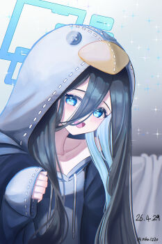 1girl :d absurdres animal_costume aris_(blue_archive) black_hair blue_archive blue_eyes blue_halo blush collarbone commentary_request double-parted_bangs drawstring hair_between_eyes halo hand_up highres hood hood_up hooded_pajamas long_hair long_hair_between_eyes looking_at_viewer onesie open_mouth pajamas rectangular_halo shuri_ri1220 sleeves_past_wrists smile solo