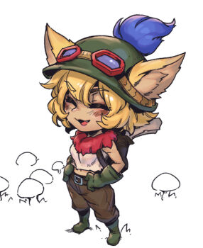 1girl :d bare_shoulders belt blonde_hair blush breasts brown_belt brown_pants closed_eyes ears_through_headwear fang full_body fur_collar genderswap genderswap_(mtf) gloves goggles goggles_on_headwear green_gloves green_headwear green_shoes league_of_legends medium_breasts mushroom open_mouth pants phantom_ix_row shoes smile solo standing teemo white_background yordle