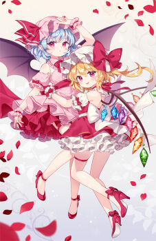 2girls :p adapted_costume arm_up back_bow backless_dress backless_outfit bat_wings blonde_hair blue_eyes blue_hair bow commentary crystal detached_sleeves dress flandre_scarlet full_body hat hat_bow high_heels long_hair looking_at_viewer mimi_(mimi_puru) mob_cap multiple_girls nail_polish neck_ribbon petals pink_dress pink_hat pink_shirt red_bow red_dress red_eyes red_nails red_petals red_ribbon red_shoes remilia_scarlet ribbon shirt shoes siblings simple_background sisters sleeveless sleeveless_dress thigh_strap tongue tongue_out touhou white_background white_bow white_hat white_sleeves wings wrist_cuffs