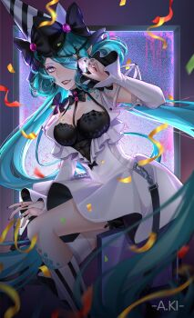 1girl aji_(a.ki) argyle_clothes argyle_thighhighs artist_name asymmetrical_legwear black_bow black_bowtie black_hat black_nails blue_hair blue_scales bow bowtie breasts chinese_commentary commentary confetti covered_navel detached_sleeves dress eyeliner fang feet_out_of_frame fingernails flask from_side garter_belt grey_eyes hair_bow hair_over_one_eye hand_up hat highres holding holding_flask jewelry kneehighs linea_alba long_hair looking_at_viewer looking_to_the_side low_twintails makeup medium_breasts mismatched_legwear multiple_rings nail_polish one_eye_covered parted_lips party_hat path_to_nowhere pointy_ears potion purple_eyeliner red_lips ring screen serpent_(path_to_nowhere) sharp_fingernails silver_ring slit_pupils socks solo stain static striped_clothes striped_socks thighhighs twintails two-tone_hat vertical-striped_clothes vertical-striped_socks very_long_hair white_dress white_hat white_sleeves white_socks white_thighhighs