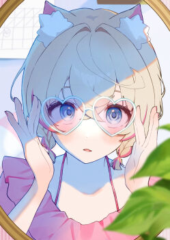 1girl adjusting_eyewear animal_ear_fluff animal_ears blonde_hair blouse blue_eyes blush braid braided_twintails commentary_request crossed_bangs dog_ears double-parted_bangs fang hair_between_eyes hair_intakes heart heart-shaped_eyewear highres hololive hololive_english looking_at_viewer mirror mococo_abyssgard multicolored_hair nail_polish official_alternate_hairstyle parted_lips pink-tinted_eyewear pink_nails pink_shirt pink_streaks reflection shirano_shino shirt short_hair short_twintails skin_fang solo streaked_hair sunglasses tinted_eyewear twintails upper_body virtual_youtuber