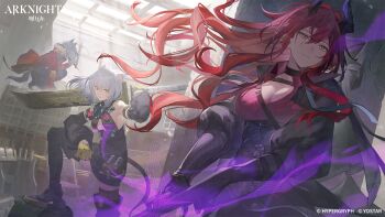 Rule 34 | 3girls, animal ears, arknights, ascalon (arknights), belt, birthmark, black boots, black gloves, boots, breasts, choker, cleavage, cleavage cutout, clothing cutout, commentary, copyright logo, copyright notice, detached sleeves, dress, english commentary, gloves, gomosawa, grey hair, high heel boots, high heels, highres, holding, holding weapon, hood, hooded jacket, horns, jacket, logo, long hair, long sleeves, medium hair, multiple girls, official art, orange eyes, pointy ears, projekt red (arknights), puffy detached sleeves, puffy sleeves, purple shirt, red hair, red jacket, scavenger (arknights), second-party source, shirt, stepping on object, strap, sword, tail, thighhighs, weapon, white hair, wolf girl, yellow gloves