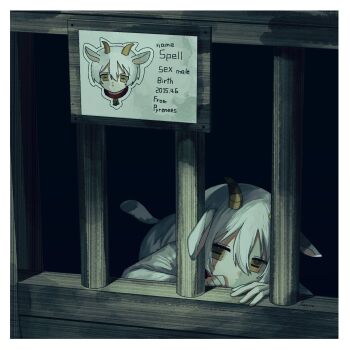 1boy animal_ears border brown_eyes cage child english_text expressionless fuvin goat_boy goat_ears goat_horns goat_tail hair_between_eyes highres horizontal_pupils horns in_cage male_focus original short_hair solo tail white_border white_hair wooden_cage