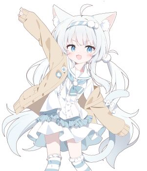 1girl :d absurdres ahoge animal_ear_fluff animal_ears arm_up blue_eyes blue_hair blue_hairband blue_neckerchief blue_thighhighs blush borrowed_character brown_cardigan cardigan cat_ears cat_girl cat_tail commentary commission dot_nose dress feet_out_of_frame frilled_thighhighs frills hairband highres long_hair long_sleeves looking_at_viewer neckerchief open_cardigan open_clothes open_mouth original over-kneehighs sailor_collar sailor_dress short_dress simple_background skeb_commission smile solo standing striped_clothes striped_hairband striped_thighhighs tail thighhighs urotsuki_(ku9625) white_background white_dress white_sailor_collar zettai_ryouiki