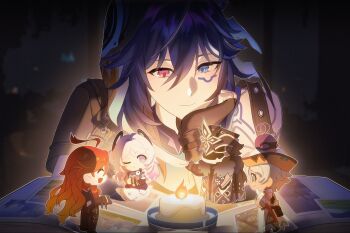 2girls 3boys :d ^_^ ahoge aqua_eyes arm_tattoo biker_clothes bikesuit black_bodysuit black_coat black_gloves black_hair blue_eyes blue_hair bodysuit book cacucu_(genshin_impact) candle capitano_(genshin_impact) citlali_(genshin_impact) citlalin_(genshin_impact) closed_eyes closed_mouth coat coat_on_shoulders commentary cowboy_hat dark-skinned_male dark_background dark_skin english_commentary facial_mark fingerless_gloves fire fur-trimmed_coat fur_trim genshin_impact gloves gradient_hair hair_between_eyes hair_intakes hand_up hat head_rest helm helmet heterochromia highres hood hood_up ifa_(genshin_impact) indoors itzpapa_(genshin_impact) lab_coat long_hair looking_down male_focus mavuika_(genshin_impact) medium_hair multicolored_hair multiple_boys multiple_girls one_eye_closed open_book open_mouth orange_hair purple_eyes purple_hair red_hair ring_hair_ornament sang_sha scar scar_on_face shirt short_hair shoulder_tattoo sitting smile streaked_hair tattoo very_long_hair white_coat white_hat