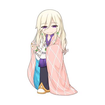 1boy black_pants blonde_hair cape chibi chibi_only closed_mouth full_body ilse_el_hein jewelry long_hair looking_at_viewer male_focus necklace official_art pants pink_cape purple_eyes purple_shirt ragnarok_online ring shirt shoes simple_background smile solo transparent_background white_shirt white_shoes yuichirou