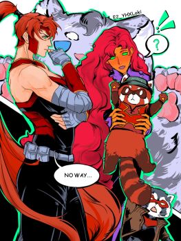 ? animalization arsenal_(dc) artemis_of_bana-mighdall bat_signal batman_(series) batman_symbol bizarro_ii black_bodysuit black_gloves bodysuit brown_jacket dc_comics domino_mask e2_yhxloki eye_mask gloves grey_bodysuit highres holding jacket jason_todd mask multicolored_bodysuit muscular open_clothes raccoon red_hood_(dc) red_hood_and_the_outlaws red_mask roy_harper shirt short_hair starfire superhero_costume taut_bodysuit two-tone_bodysuit