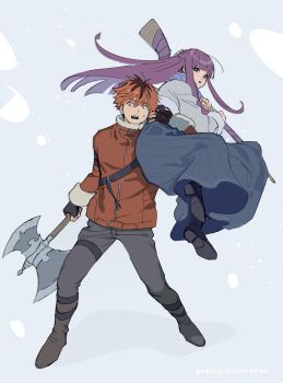 1boy 1girl arm_at_side axe battle_axe black_boots black_gloves black_hair blue_skirt boots carrying carrying_over_shoulder commentary_request fern_(sousou_no_frieren) fingerless_gloves floating_hair fur-trimmed_jacket fur-trimmed_sleeves fur_trim gloves grey_background grey_boots grey_pants half_updo hand_up highres holding holding_axe holding_polearm holding_staff holding_weapon jacket long_hair long_skirt long_sleeves looking_at_viewer looking_to_the_side miyage_no_nukegara multicolored_hair open_mouth pants polearm purple_hair red_eyes red_hair red_jacket shoe_soles short_hair sidelocks simple_background skirt snowing sousou_no_frieren staff stark_(sousou_no_frieren) straight_hair streaked_hair sweatdrop weapon white_jacket winter_clothes
