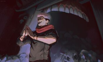 1boy :d absurdres arm_tattoo black_shirt buzz_cut evil_grin evil_smile facial_tattoo grin highres jujutsu_kaisen logicsterrr male_focus malevolent_shrine_(jujutsu_kaisen) muscular muscular_male open_mouth partially_shaded_face pink_hair red_eyes red_scarf ryoumen_sukuna_(jujutsu_kaisen) scarf shirt short_hair sideburns sidelighting skull sleeves_rolled_up smile solo steepled_fingers tattoo teeth upper_body very_short_hair