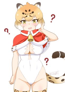 Rule 34 | 1girl, ?, absurdres, animal ears, arm at side, arm up, bell, blonde hair, blush, breasts, brown hair, capelet, cleavage cutout, clothing cutout, collared capelet, confused, covered navel, cowboy shot, extra ears, groin, highleg, highleg leotard, highres, jaguar (kemono friends), jaguar ears, jaguar girl, jaguar tail, kemono friends, leotard, looking at viewer, masuyama ryou, medium breasts, multicolored hair, open mouth, print thighhighs, raised inner eyebrows, sidelocks, solo, straight-on, tail, thighhighs, white hair, white leotard, wing collar, yellow eyes
