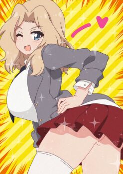 1girl ass blonde_hair blue_eyes blush breasts girls_und_panzer kay_(girls_und_panzer) large_breasts long_hair looking_at_viewer microskirt okaasan_(okaasandx) one_eye_closed open_mouth saunders_school_uniform school_uniform skirt smile solo thighhighs white_thighhighs wink