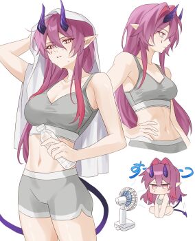 1girl afterimage amo20839453 arknights ascalon_(arknights) bare_arms bare_shoulders bottle breasts chibi chinese_commentary cleavage collarbone commentary_request crop_top drink electric_fan grey_sports_bra hair_between_eyes hand_on_own_hip highres holding holding_drink horns long_bangs long_hair looking_ahead looking_at_viewer medium_breasts midriff multiple_views navel parted_lips pink_eyes pink_hair plastic_bottle pointy_ears profile purple_horns purple_tail simple_background sound_effects sports_bra sweat tail tail_wagging teardrop_facial_mark towel water_bottle white_background