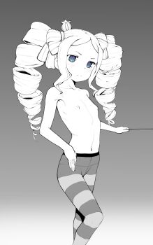 1girl arm_support bare_shoulders beatrice_(re:zero) blue_eyes crown drill_hair expressionless feet_out_of_frame flat_chest gradient_background greyscale hair_ribbon hand_on_own_hip highres loli long_hair looking_at_viewer mini_crown monochrome navel nude pantyhose re:zero_kara_hajimeru_isekai_seikatsu ribbon sidelocks solo spirit spot_color striped_clothes striped_pantyhose symbol-shaped_pupils terorisuta topless_female twin_drills