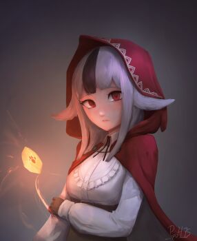 1girl absurdres animal_ears artist_name black_hair breasts cape commentary fire_emblem fire_emblem_fates gloves grey_hair highres hood hood_up hooded_cape long_hair long_sleeves looking_at_viewer medium_breasts multicolored_hair nintendo pipo_475 red_cape red_eyes shirt simple_background solo streaked_hair two-tone_hair velouria_(fire_emblem) white_shirt wolf_ears wolf_girl