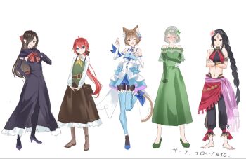 5boys :d animal_ears ascot bare_shoulders barefoot belt black_dress black_gloves black_hair black_pantyhose blue_eyes blush boots bow bowtie braid breasts brown_eyes brown_hair brown_skirt cat_boy cat_ears cat_tail closed_eyes closed_mouth commentary_request crop_top crossdressing crossdressing_(mtf) crossed_arms detached_sleeves dress earrings elbow_gloves embarrassed felix_argyle flower frilled_dress frills full_body genderswap gloves green_dress green_vest grey_hair hair_between_eyes hair_bow hair_flower hair_ornament hair_over_one_eye hand_on_own_chest hand_on_own_hip high_heel_boots high_heels highres jewelry long_braid long_dress long_hair long_skirt long_sleeves looking_at_viewer male_focus midriff mikan_(penta) multiple_boys multiple_girls natsuki_subaru natsumi_schwarz navel one_eye_closed open_mouth otto_suewen pants pantyhose ponytail pouch re:zero_kara_hajimeru_isekai_seikatsu red_bow red_eyes red_hair reinhard_van_astrea ribbon shirt short_hair simple_background single_braid skirt sleeveless smile standing standing_on_one_leg tail thigh_boots thighhighs trap very_long_hair vest vincent_vollachia white_background white_flower